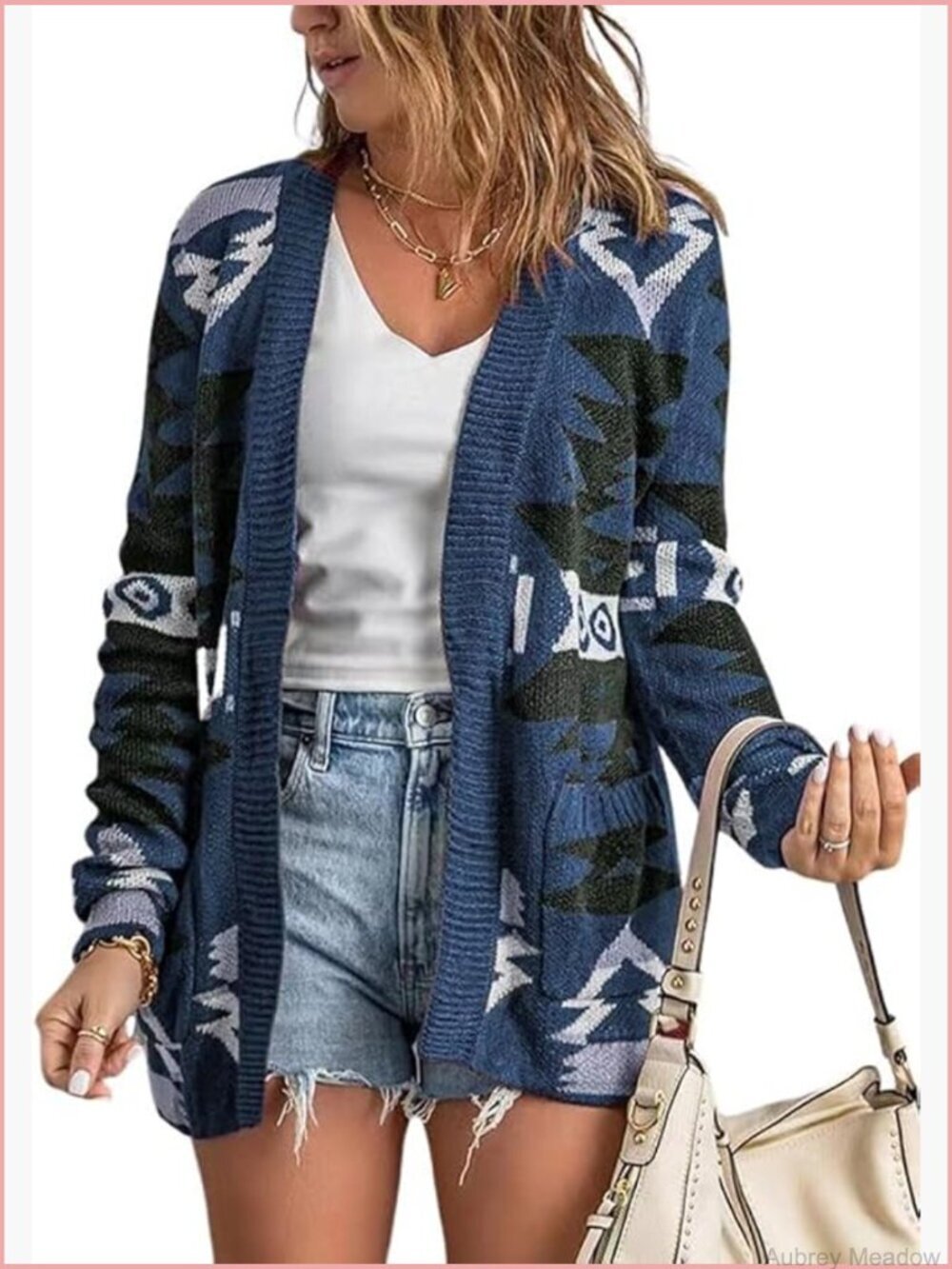 Women's Open Front Knitted Jacquard Cardigan Sweater with Pockets